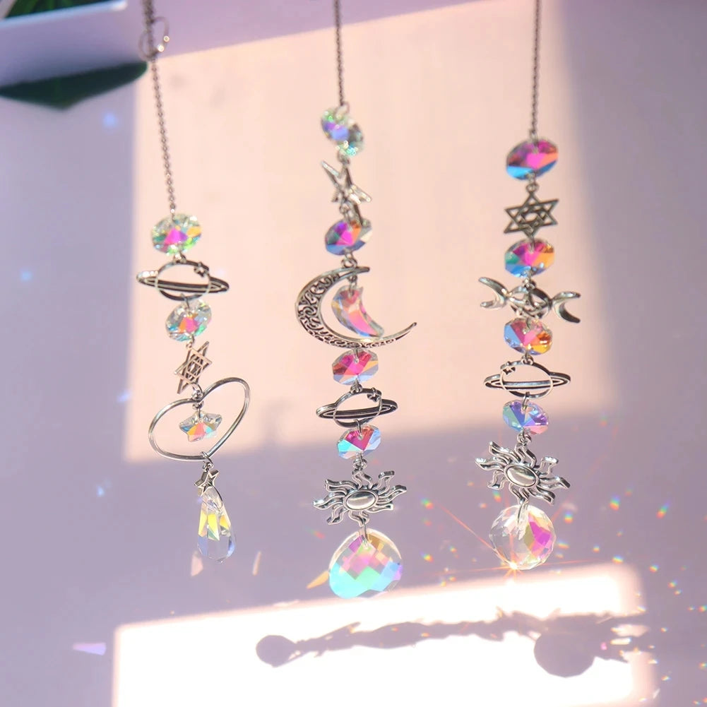 1pc Crystal Wind Chime Moon Sun Catcher Diamond Prisms Pendant Dream Catcher Rainbow Hanging Drop Home Garden Decor Windchime