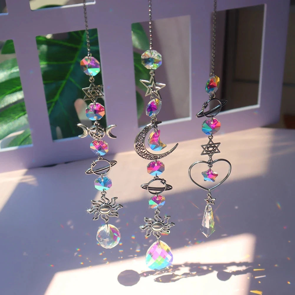 1pc Crystal Wind Chime Moon Sun Catcher Diamond Prisms Pendant Dream Catcher Rainbow Hanging Drop Home Garden Decor Windchime