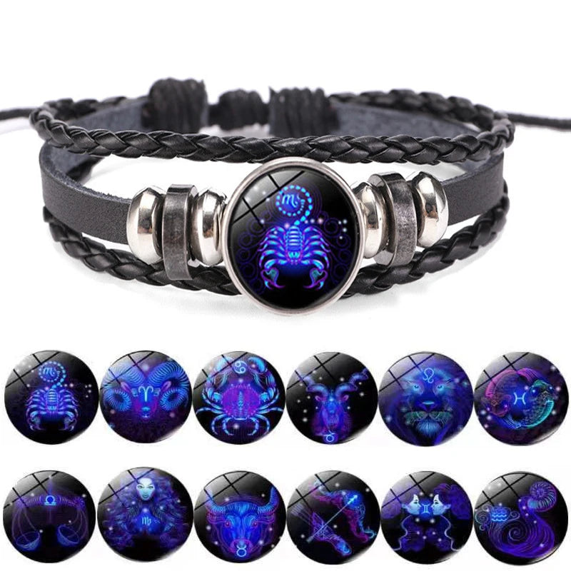 12 Constellation Zodiac Sign Charm Luminous Bracelets Men Vintage Multilayer Wrap Leather Bracelet & Bangle Birthday Gift