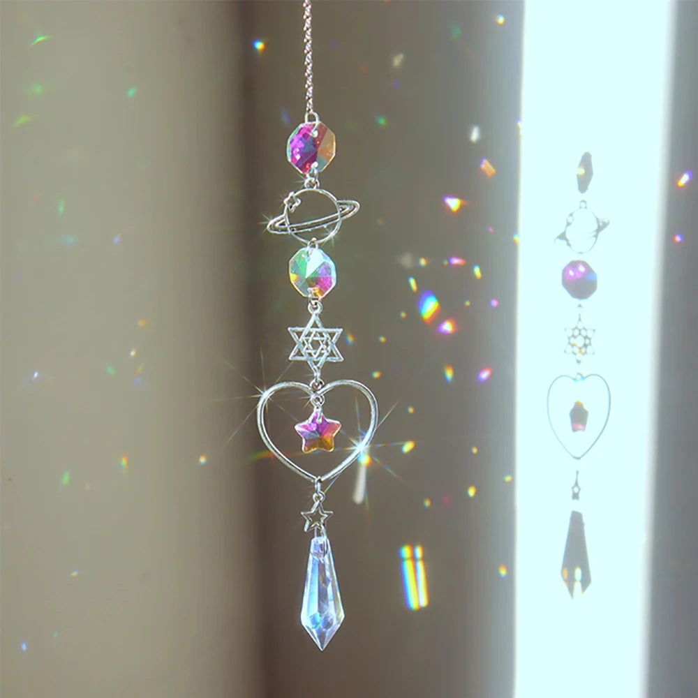 1pc Crystal Wind Chime Moon Sun Catcher Diamond Prisms Pendant Dream Catcher Rainbow Hanging Drop Home Garden Decor Windchime