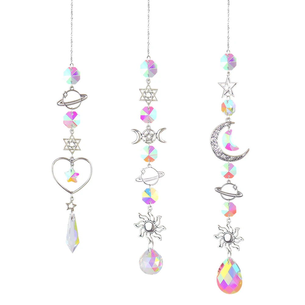 1pc Crystal Wind Chime Moon Sun Catcher Diamond Prisms Pendant Dream Catcher Rainbow Hanging Drop Home Garden Decor Windchime