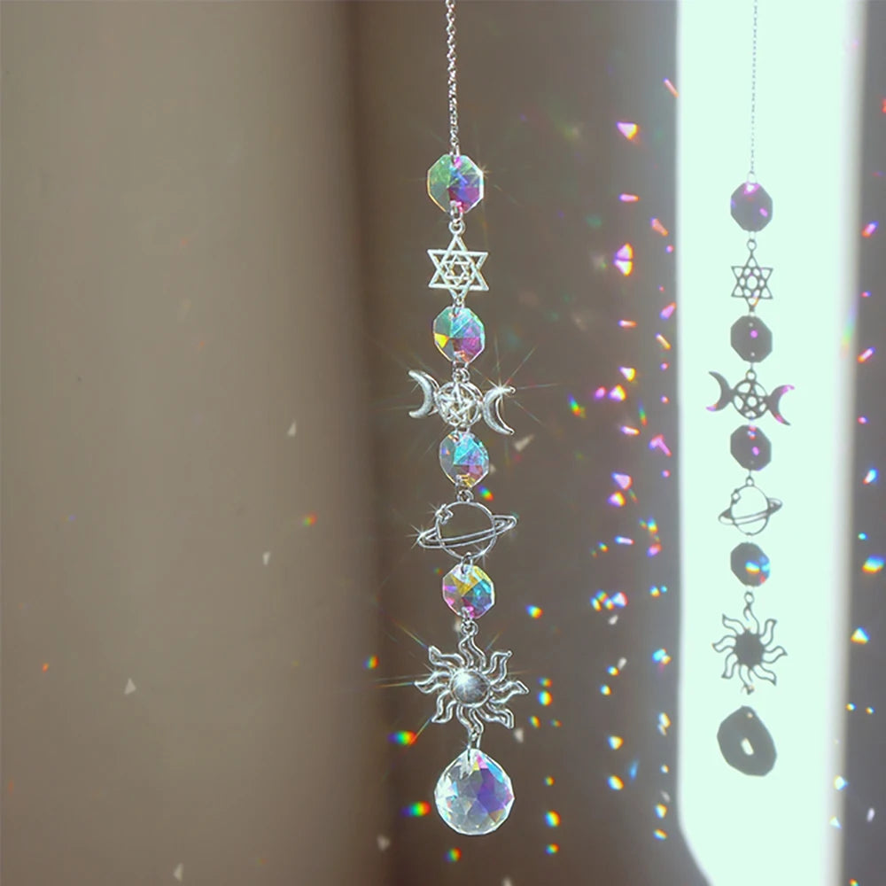 1pc Crystal Wind Chime Moon Sun Catcher Diamond Prisms Pendant Dream Catcher Rainbow Hanging Drop Home Garden Decor Windchime