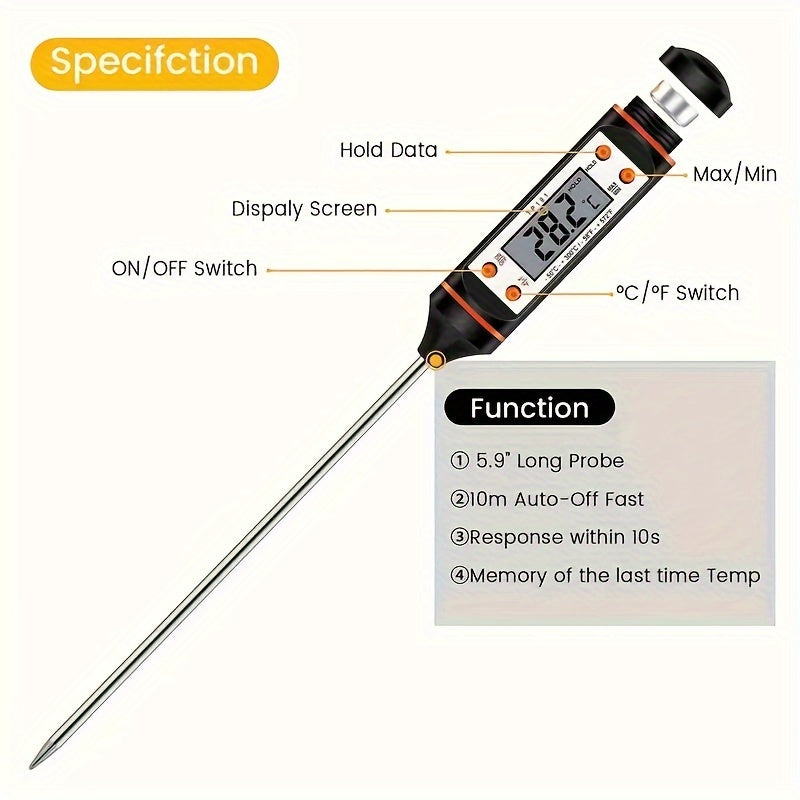 1pc Digital Instant Read Meat Thermometer for Cooking, High Precision Sensor Kitchen Tool with Button Battery, Plastic Material, Adult Use - BBQ Grill, Kitchen, Food, Steak, Candy, Milk and Water Temperature Tester